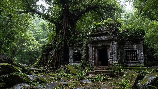 Ancient stone temple in jungle environment.