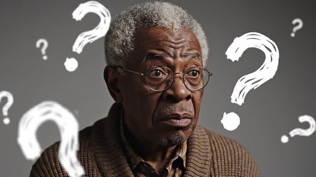 A puzzled elderly man surrounded by question marks in a thought-provoking video