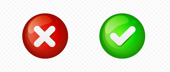 Glossy red cross and green checkmark buttons with shadow. Correct and incorrect choice © Artsiom Kusmartseu