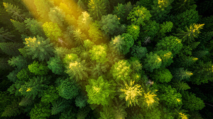 Fototapeta premium Green forest canopy receiving golden hour sunlight shining through dense evergreen and deciduous trees, aerial view of vibrant natural ecosystem