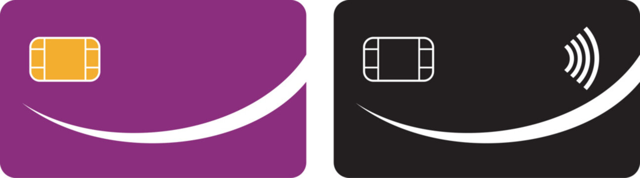 Two credit cards purple and black designs with chip and contactless symbols