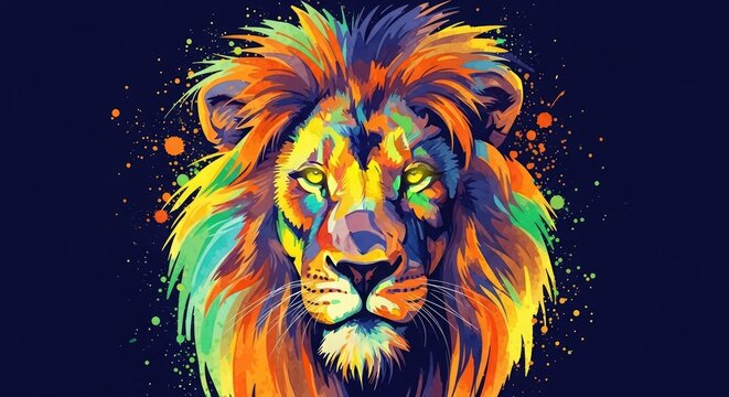 Vibrant lion portrait with colorful mane and face paint stares forward intensely