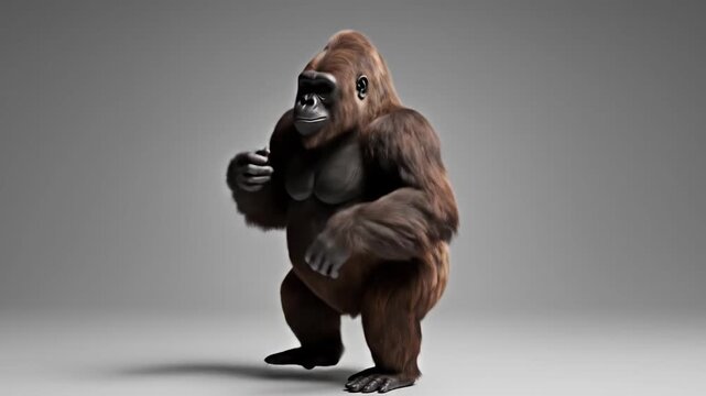 Smiling Brown Gorilla Standing Isolated on Grey Background 3D 4K