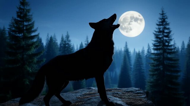 Silhouette of a wolf howling at a bright full moon in a pine forest