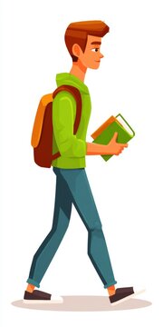 Young student walking holding books and wearing backpack