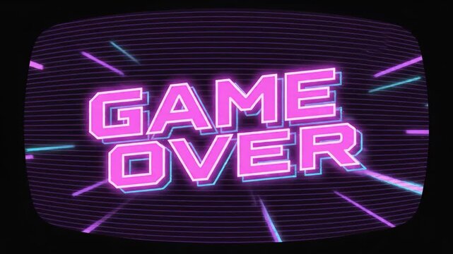Retro Game Over Neon Text Glitching on CRT Screen 4K