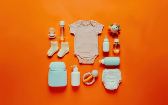 Baby essentials arranged on vibrant orange background for nursery