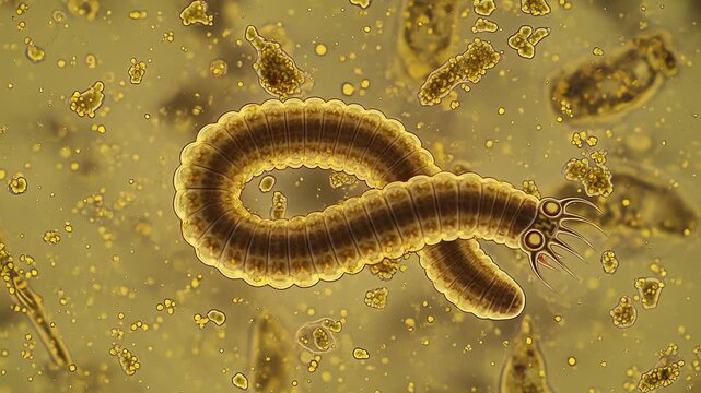 Detailed microscopic view of a complex worm-like microorganism in fluid
