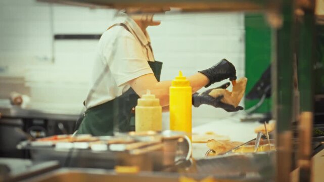 In a bustling eatery, chefs skillfully collect orders, prepare seasoned chicken burgers, and bake pitas filled with mixed vegetables, fresh tomato, and crispy loaf fillings for hungry customers