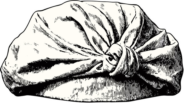 A detailed black and white illustration of a tied cloth. The cloth is crumpled and knotted