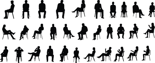 People silhouettes sitting on chairs, diverse postures, body language illustration, ergonomic design, seated positions, human gestures, workplace art, lifestyle vector, communication poses © MstGeasmin