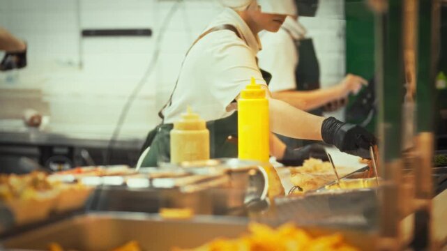 In a bustling street food establishment, culinary experts efficiently collect orders at the counter, cooking burgers and pitas for hungry buyers, waiter assisted