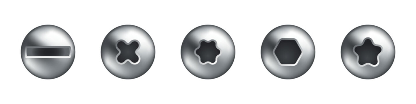 Screw Head Types with Different Drive Shapes Vector Set