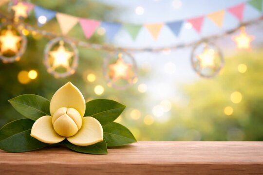 A beautiful Rumduol flower, the national symbol of Cambodia, resting on a wooden surface. Festive background with colorful bunting flags and star lanterns for Khmer New Year celebrations.