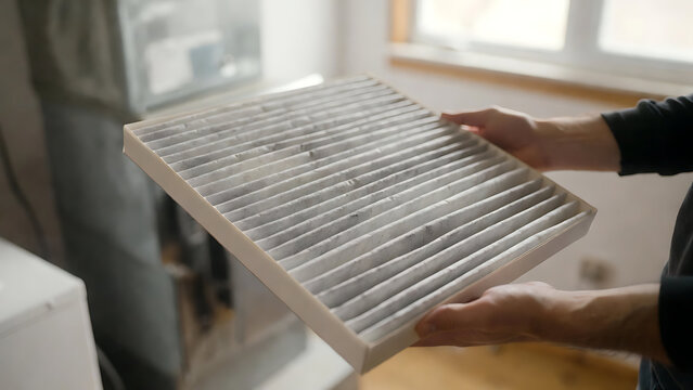 A person is holding a dirty air filter near a window in a room with natural light.