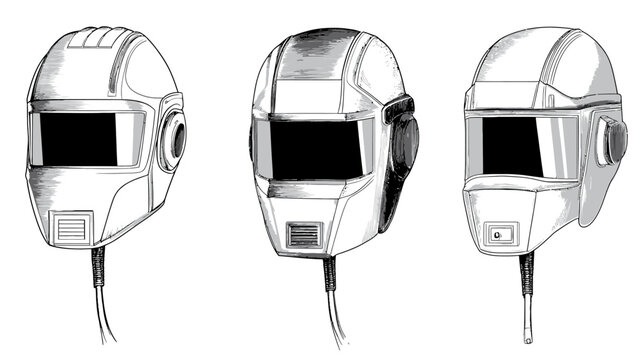 Three stylized, angled depictions of welding helmets with visors, cables, and various design features
