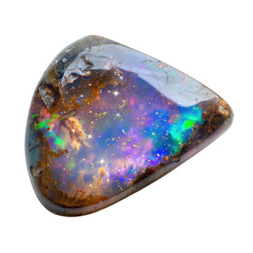 Iridescent boulder opal gemstone, polished opal cabochon, multicolor fire mineral jewelry stone isolated on Transparent Background