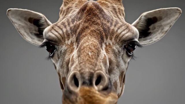 Close Up of a Giraffe Chewing on a Grey Background