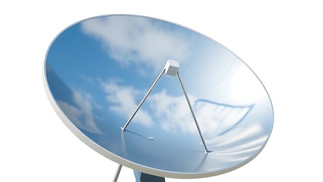 Satellite dish parabolic curve reflecting blue sky with clouds on a simple background. 