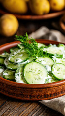 Traditional Polish Mizeria Cucumber Salad with Cream and Dill. AI generative.