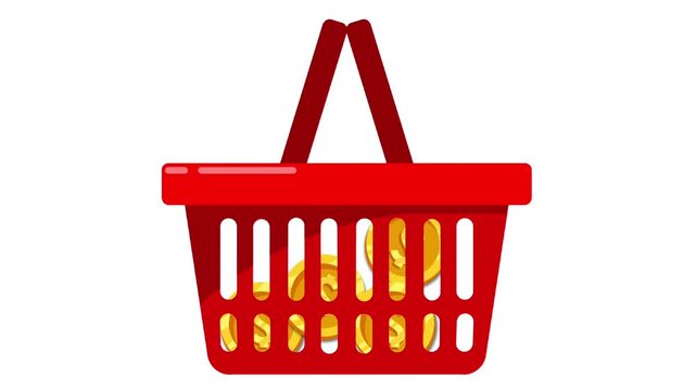 Supermarket cart with money inside isolated in white background animation video. Trolley icon with coins inside HD vector illustration. Red basket video. 
