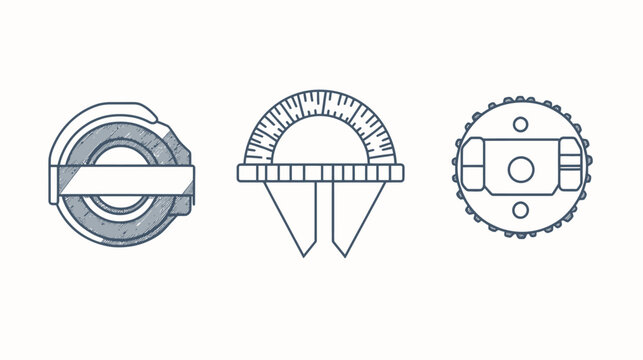 Three isolated vector illustrations of geometric shapes; one a ring, a protractor, and a toothed wheel