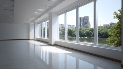 Fototapeta premium Bright modern empty office space with panoramic city and water views through expansive
