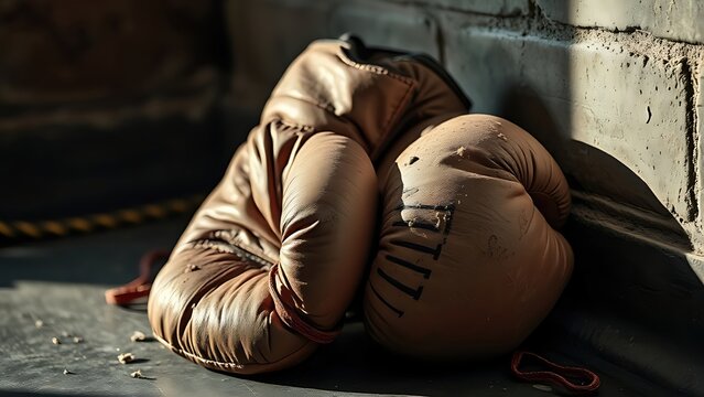 A pair of worn, mud-stained boxing gloves in a gym corner. 
