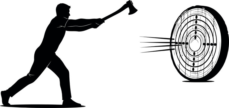 Silhouette of a man throwing an axe at a target silhouette