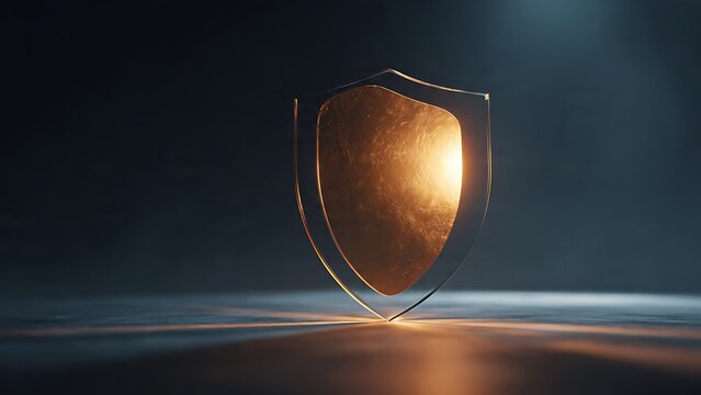 Metallic shield reflecting light on a dark surface, symbolizing protection and security