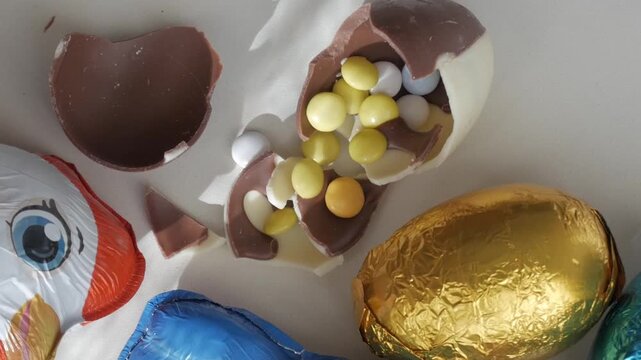 Easter eggs and chocolate treats with colorful wrappers, joyful celebration