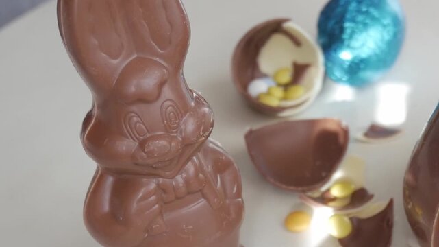 Cheerful Easter chocolate scene with bunny, eggs, joy and celebration