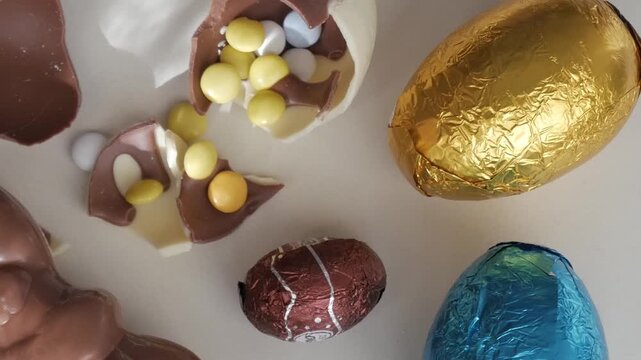 Variety of Easter chocolates with colorful wrappers and treats