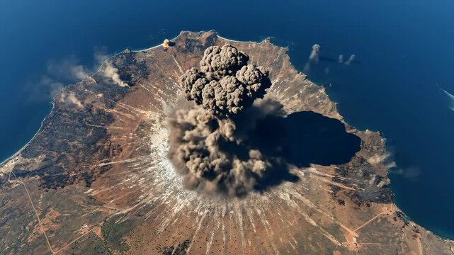 Volcanic eruption on an island viewed from space. Aerial perspective of ash cloud expanding over land and ocean