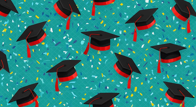 Scattered graduation caps with confetti pattern