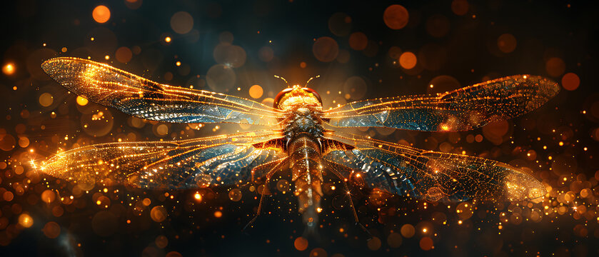 Panoramic golden glowing dragonfly illustration with magical bokeh and sparkles, cinematic background perfect for spiritual web banners, desktop wallpapers and beauty ads.