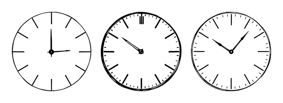Clock face set with clean line art design featuring analog clocks, time zones, timekeeping with white background and vector illustration