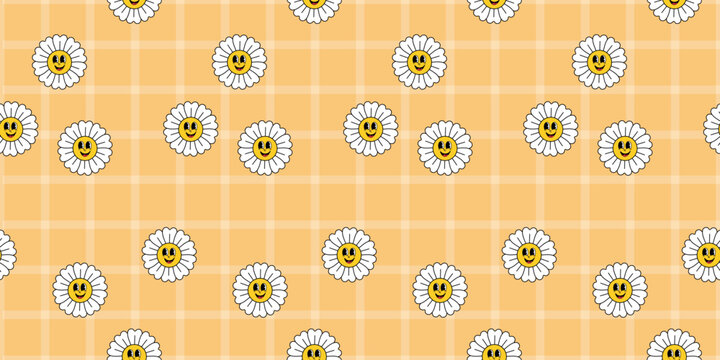 Cute daisy seamless pattern on yellow gingham background