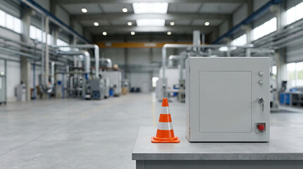 Obraz premium Modern industrial factory interior features an electrical control cabinet table, with an orange safety cone. large, clean space suggests efficient manufacturing processes and secure working