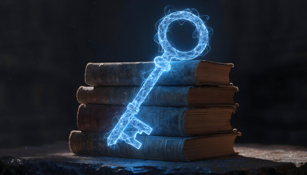 hologram key rests on an old vintage book featuring a symbol for security