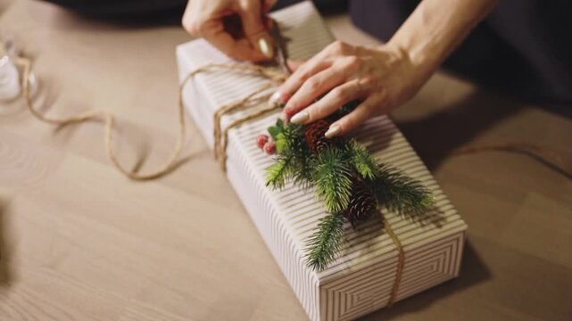Woman Wrapping Christmas Gift, Decorated With Pine Cones, Sprigs, and Twine. - closeup shot