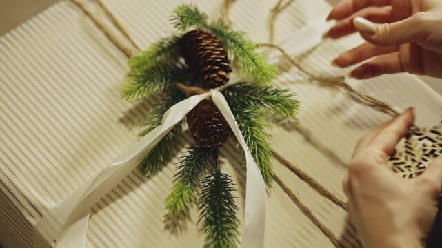Wooden Snowflakes, Pine Cones and Sprigs On The Christmas Gift. - closeup shot