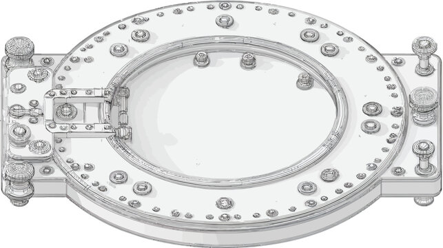 Close-up schematic of a mechanical device with numerous circular elements and fasteners