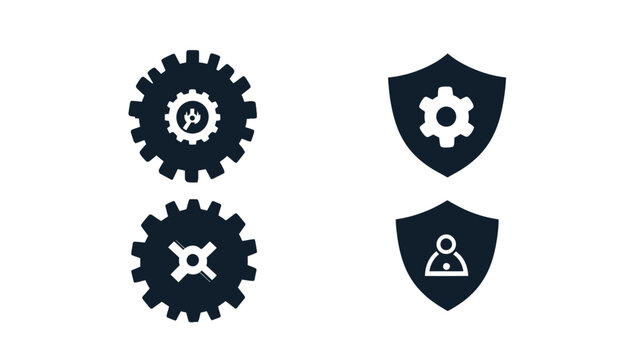 Collection of stylized icons featuring gears, shields, and silhouettes
