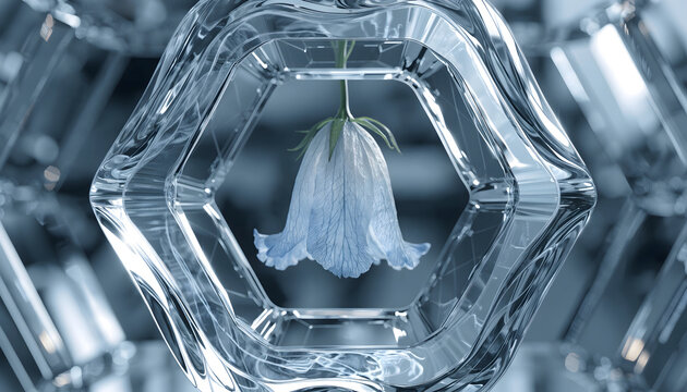 Crystal clear frozen ice cubes with flower on a glass surface create a fresh and cool macro reflection against a blue abstract background