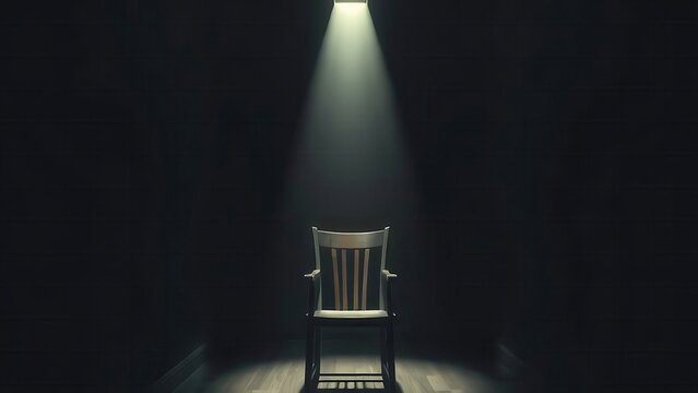  A narrow interrogation room with a single beam of light shining on an empty wooden chair. 