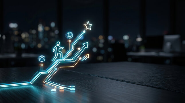 Glowing digital pathway guides human figure determined journey toward shining star. Such imagery symbolizes ambitious progress and successful achievement, representing future technological