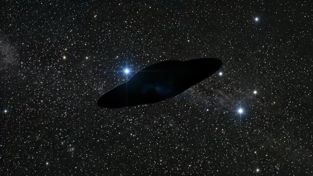 Unidentified flying object moving across starry night sky. Silhouette of saucer shape craft traveling through deep space. Cosmic exploration and mysterious extraterrestrial encounter in dark galaxy