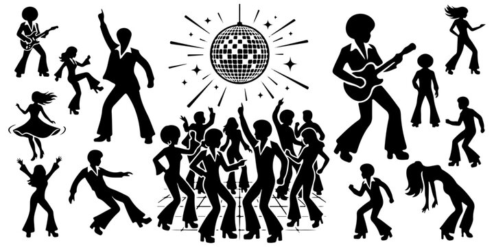 1970s 1980s Disco dance party silhouettes set. People dancing in retro clothes, bell-bottoms and platform shoes. Disco ball and guitarists icons.