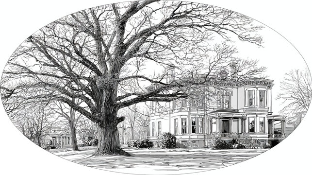 Black and white illustration of a large tree next to an old house, within an oval frame
